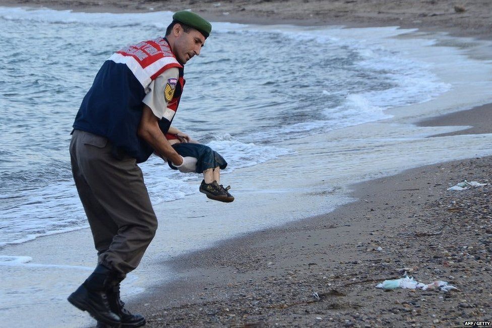 Young Syrian refugee Alan Kurdi found dead on a Bodrum beach, September 2015. Photograph: Reuters (30078)