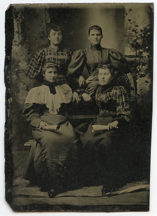 Portrait of Ada, Georgiana, Eugenie, and Ophelia Poulin, 1894, tintype, Picher/LaVerdiere Family Photograph Collection, Special Collections, Colby College Libraries (30094