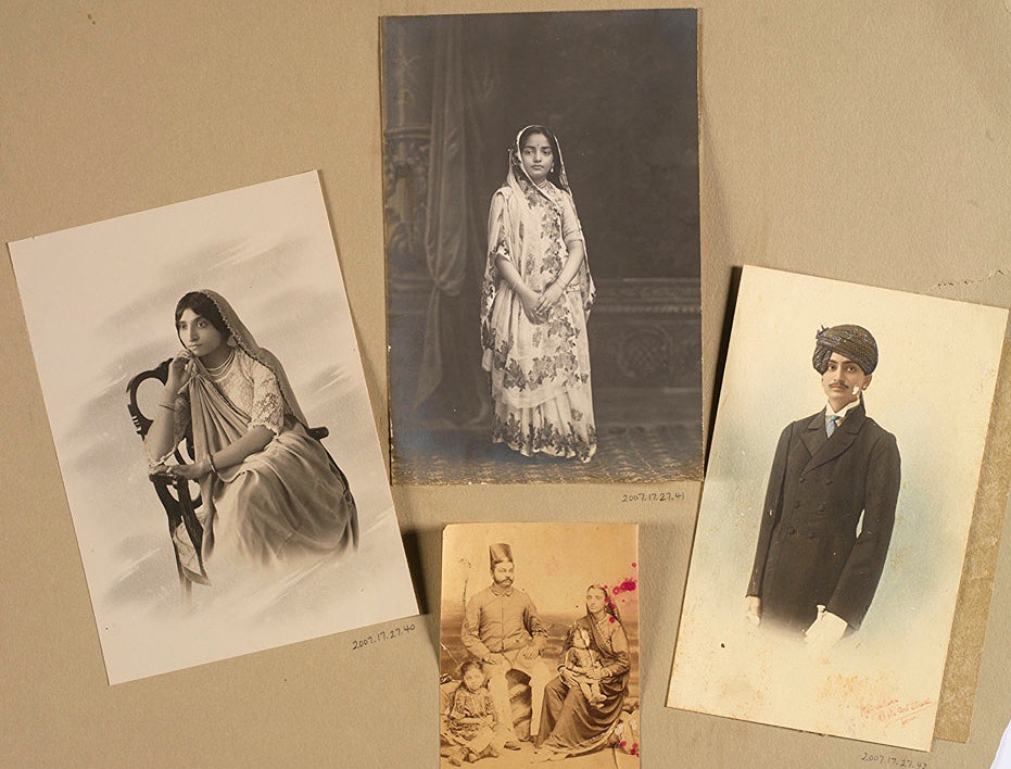 Unknown photographer, page from unidentified family album, gelatin silver and albumen prints, watercolor, and ink, Mumbai, Maharashtra, India, 1920s, Royal Ontario Museum (30099)